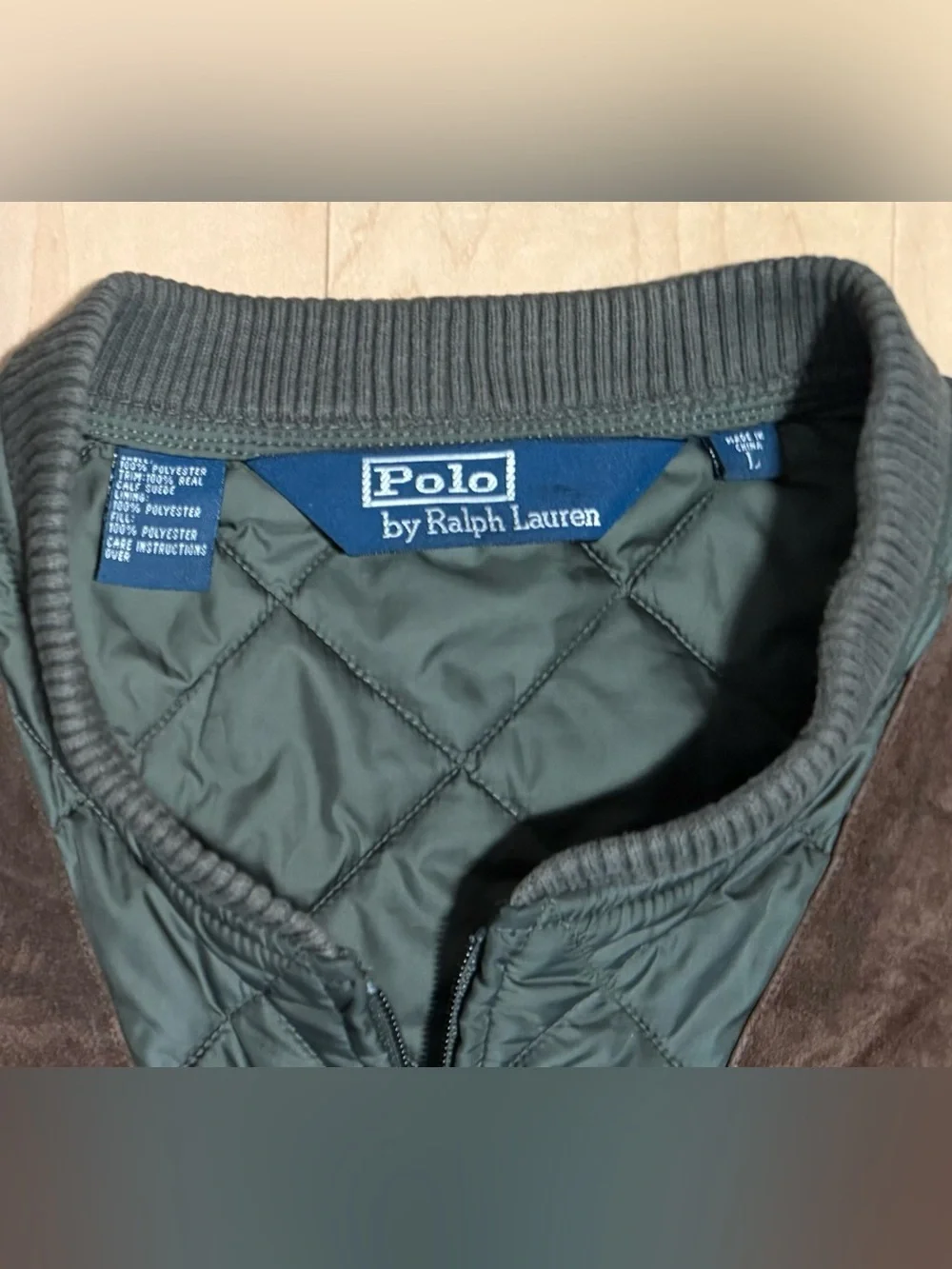 Polo Ralph Lauren Full Zip Quilted Hunting Vest Suede Leather Green Men’s Large
